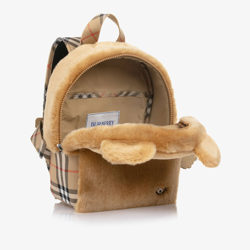 Burberry-Beige Faux Fur Thomas Backpack with Check Trim (29cm) | Childrensalon