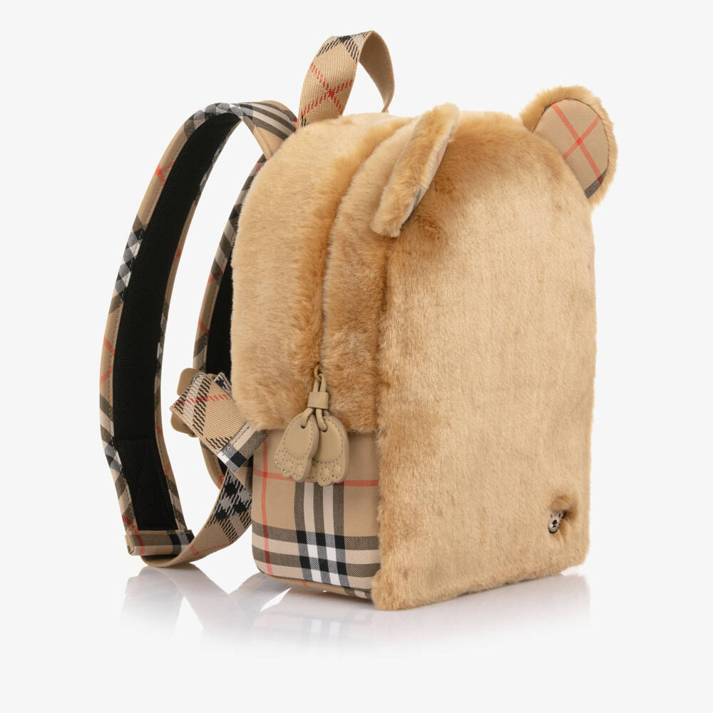Burberry-Beige Faux Fur Thomas Backpack with Check Trim (29cm) | Childrensalon