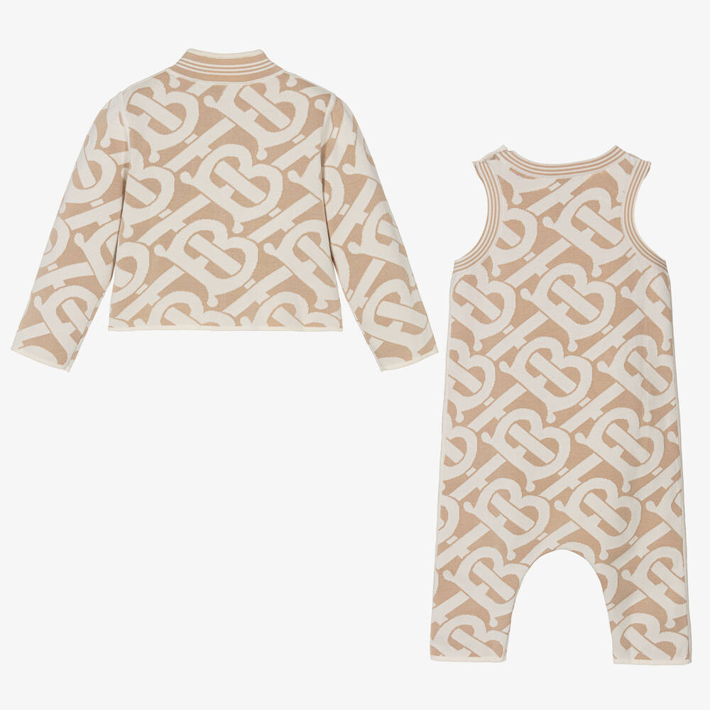 Burberry-Beige Monogram Baby Romper Gift Set | Childrensalon