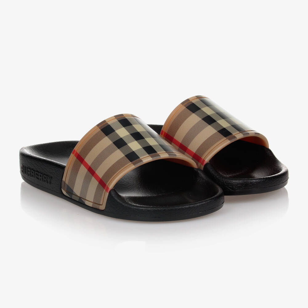 Burberry-Beige Vintage Check Sliders | Childrensalon