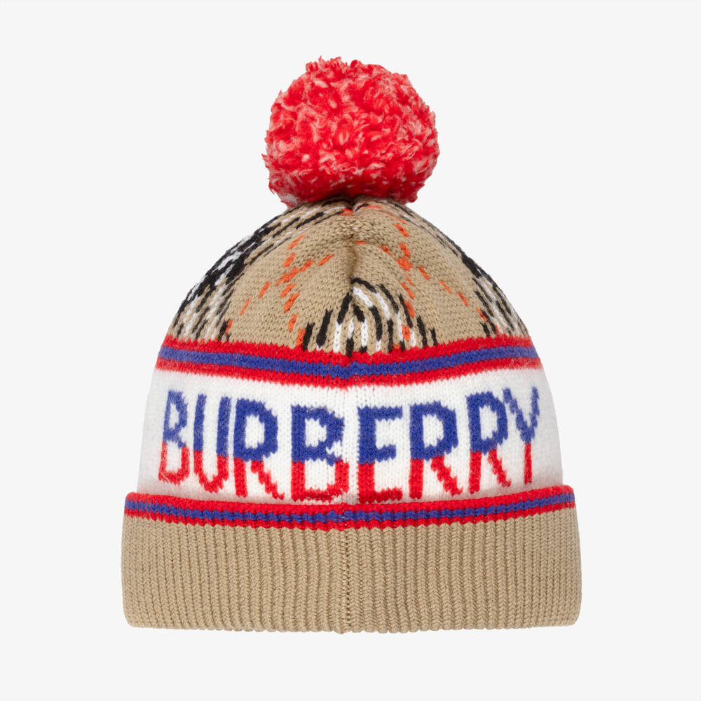 Burberry-Beige Wool Check & Logo Beanie  | Childrensalon