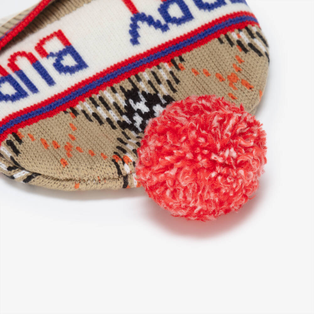 Burberry-Beige Wool Check & Logo Beanie  | Childrensalon