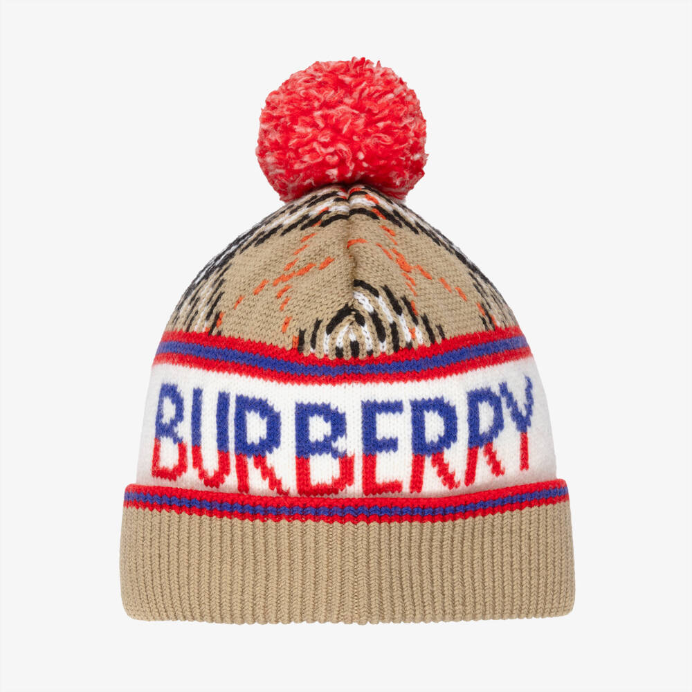 Burberry-Beige Wool Check & Logo Beanie  | Childrensalon