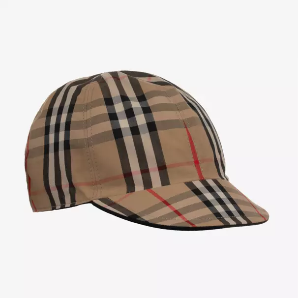 Burberry-Black & Beige Check Reversible Baby Cap | Childrensalon
