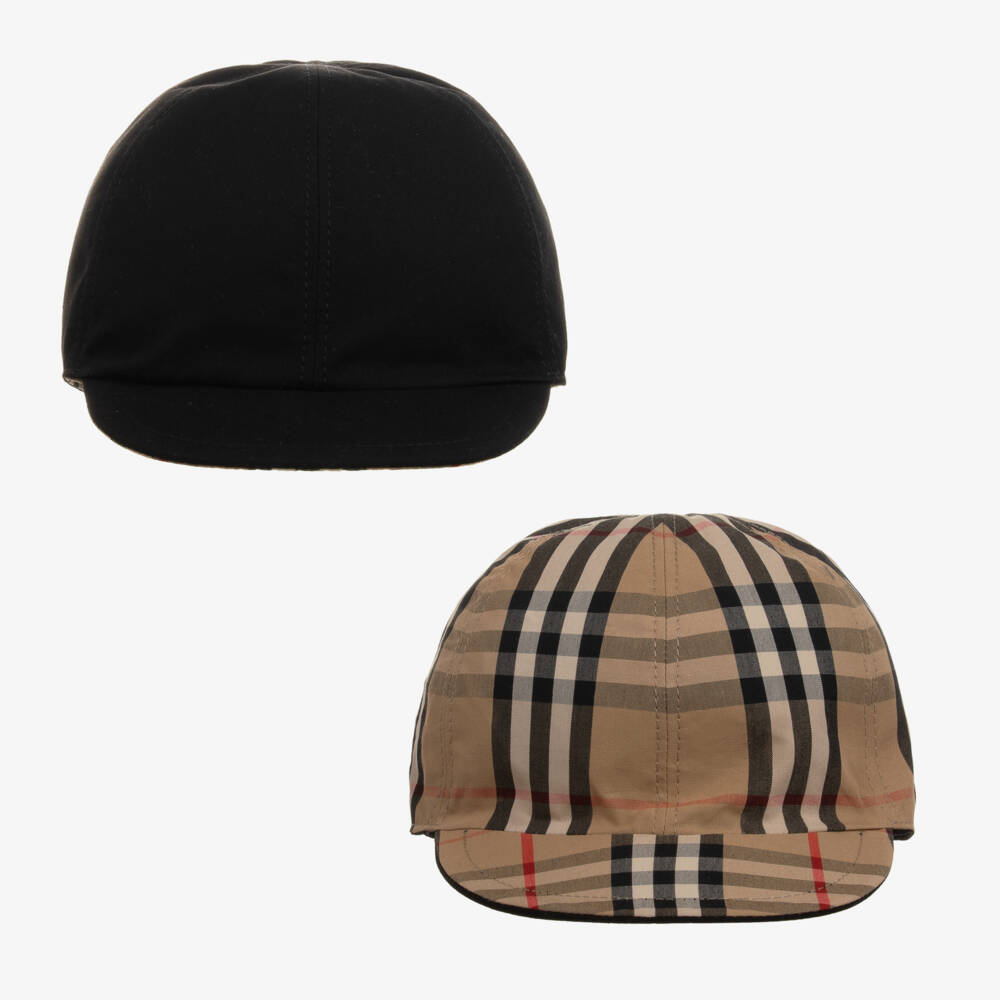 Burberry-Black & Beige Check Reversible Baby Cap | Childrensalon