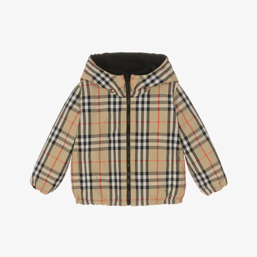 Burberry-Black & Beige Check Reversible Hooded Jacket | Childrensalon