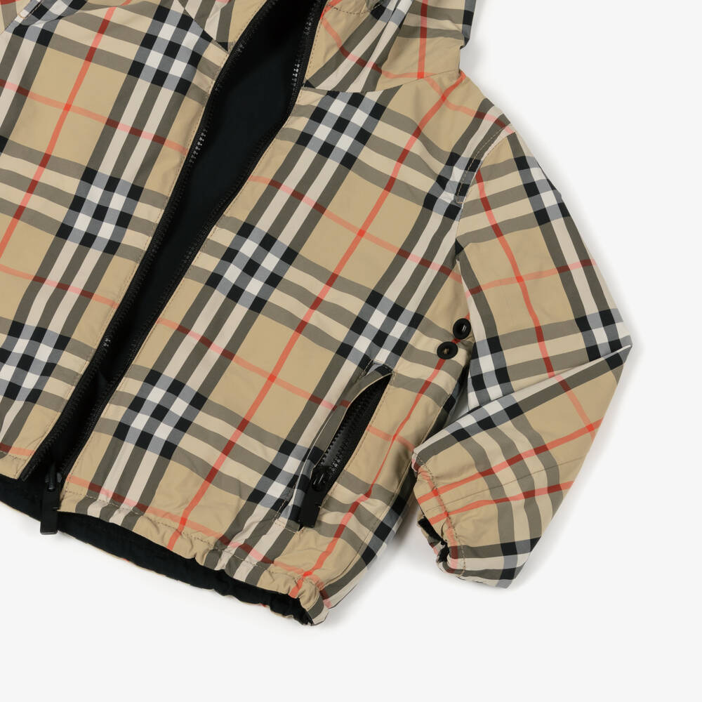 Burberry-Black & Beige Check Reversible Hooded Jacket | Childrensalon