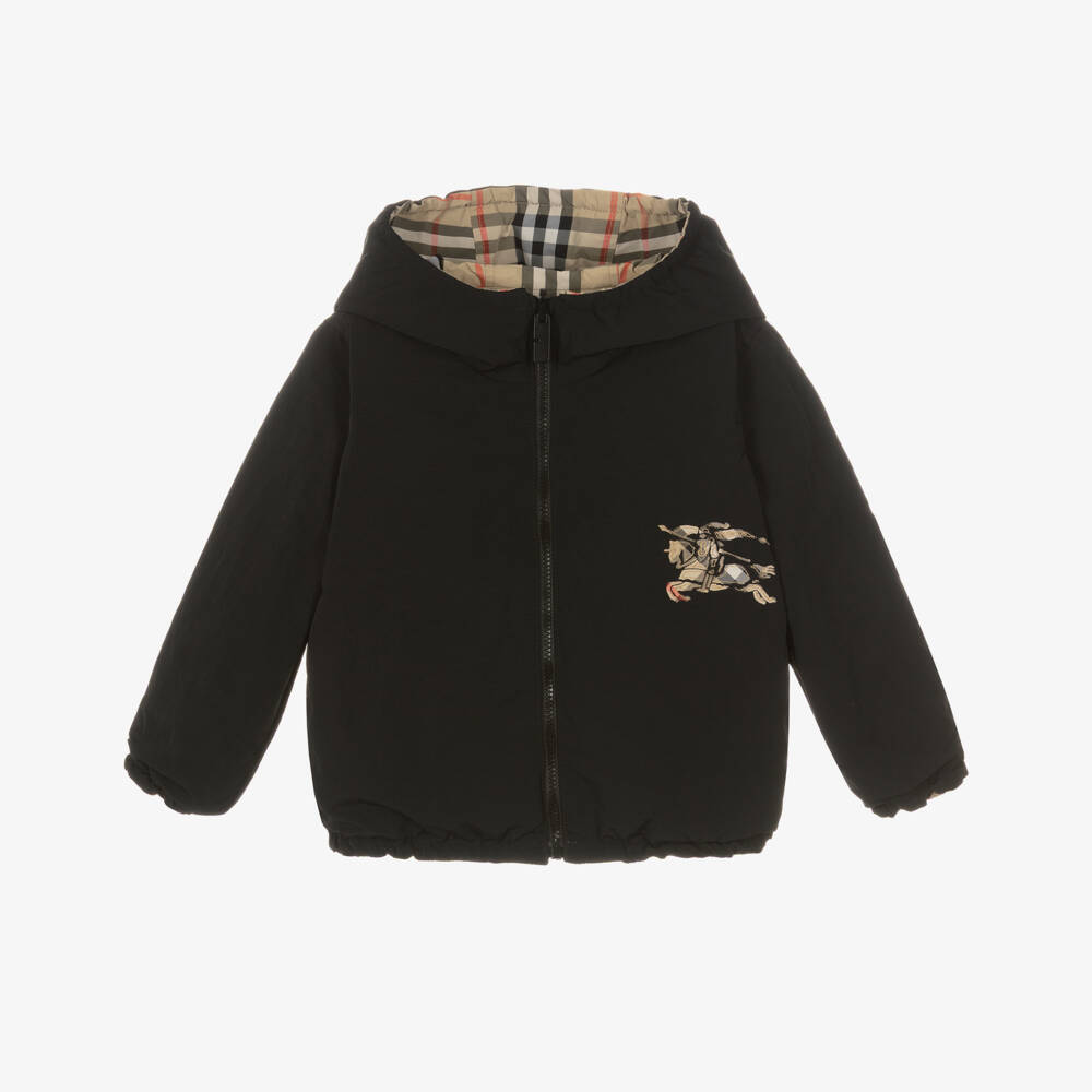 Burberry-Black & Beige Check Reversible Hooded Jacket | Childrensalon