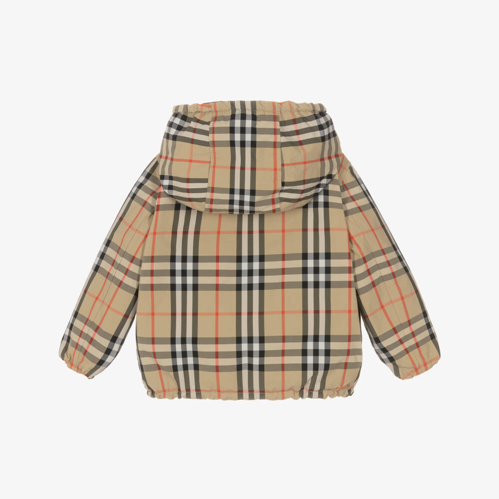 Burberry-Black & Beige Check Reversible Hooded Jacket | Childrensalon