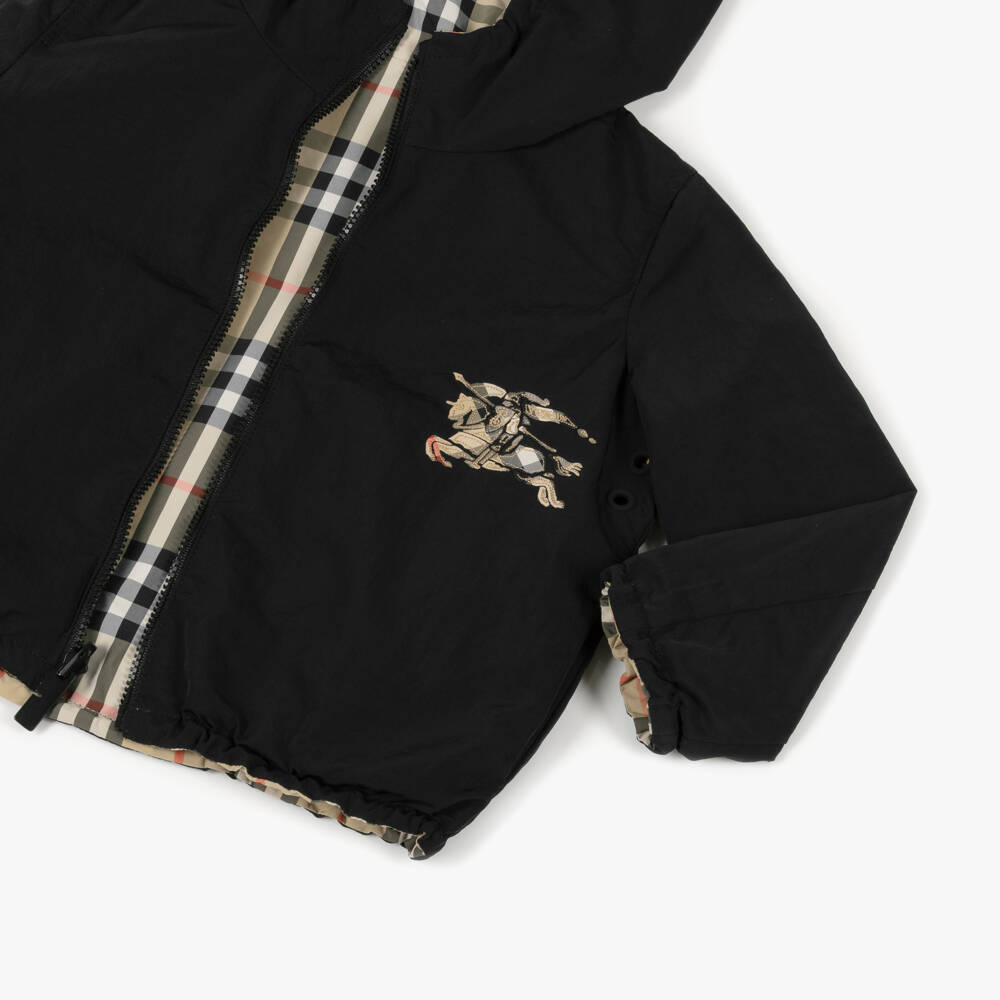 Burberry-Black & Beige Check Reversible Hooded Jacket | Childrensalon