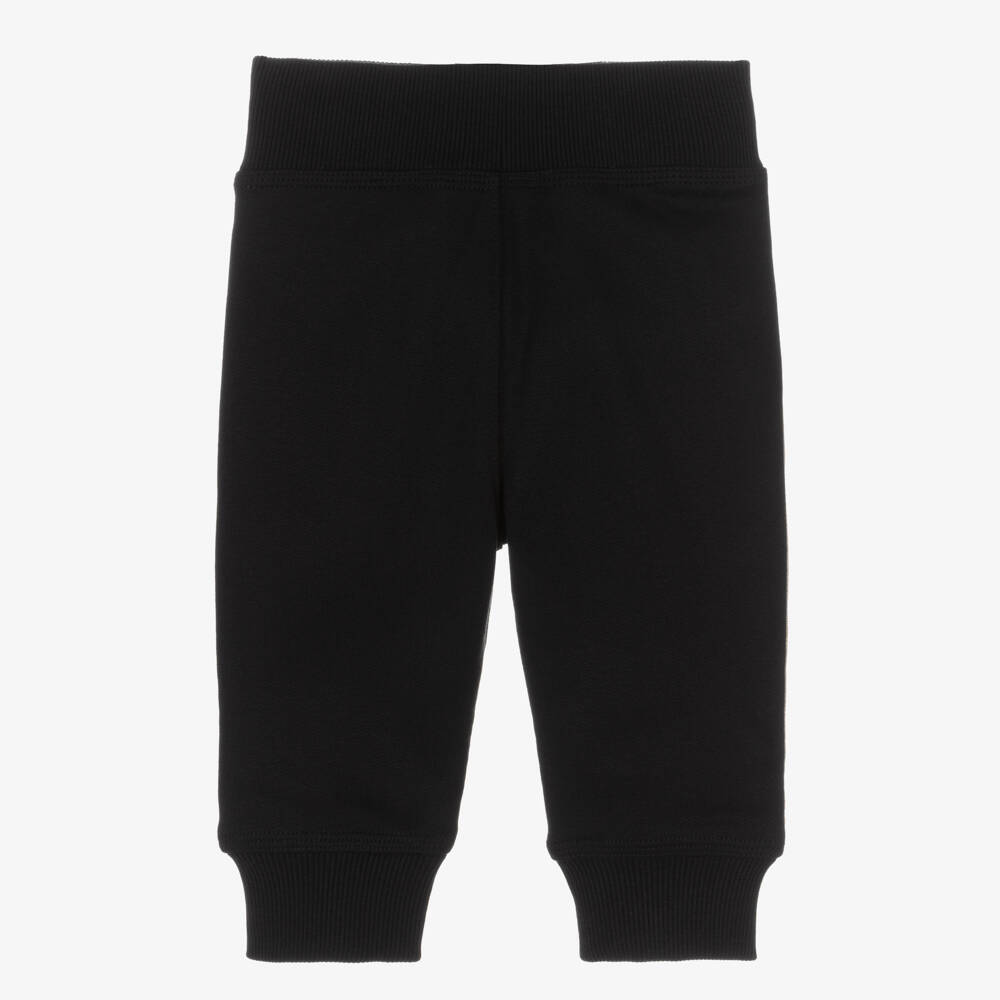Burberry-Black Cotton Baby Joggers with Beige Check Trim | Childrensalon