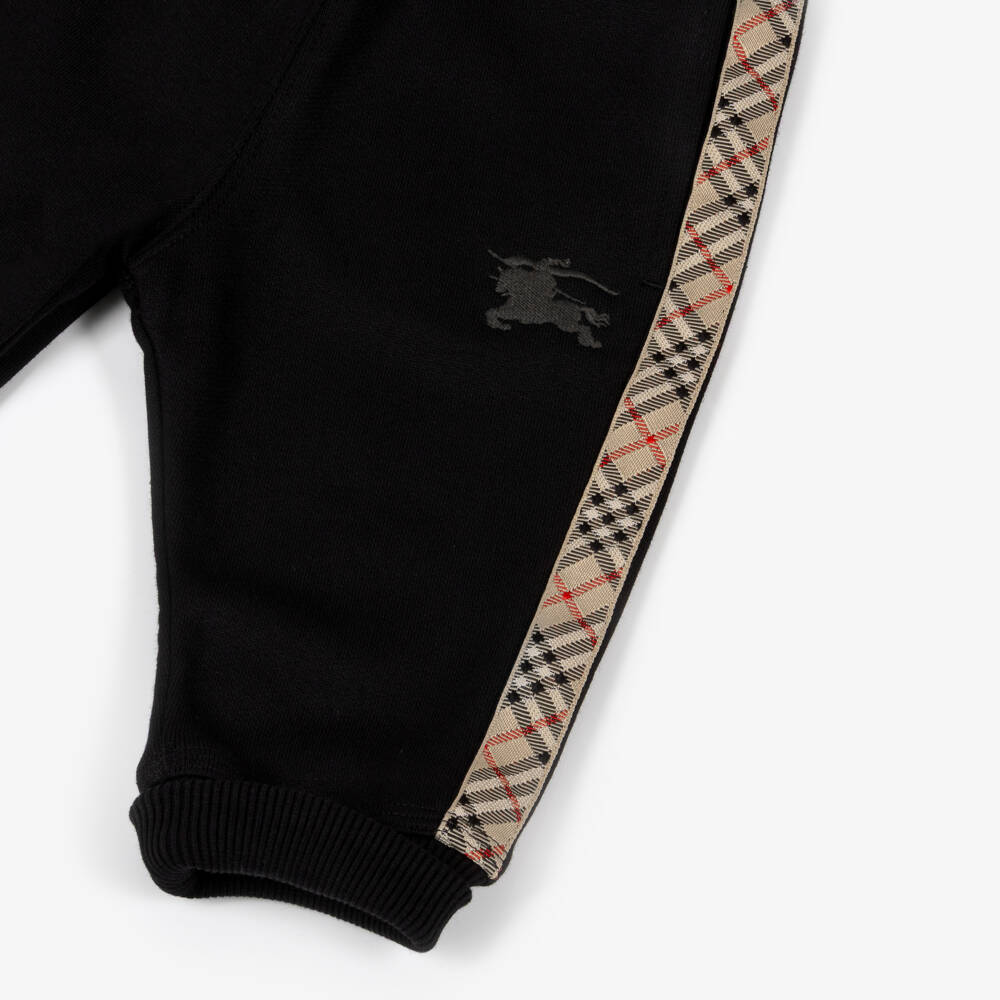 Burberry-Black Cotton Baby Joggers with Beige Check Trim | Childrensalon