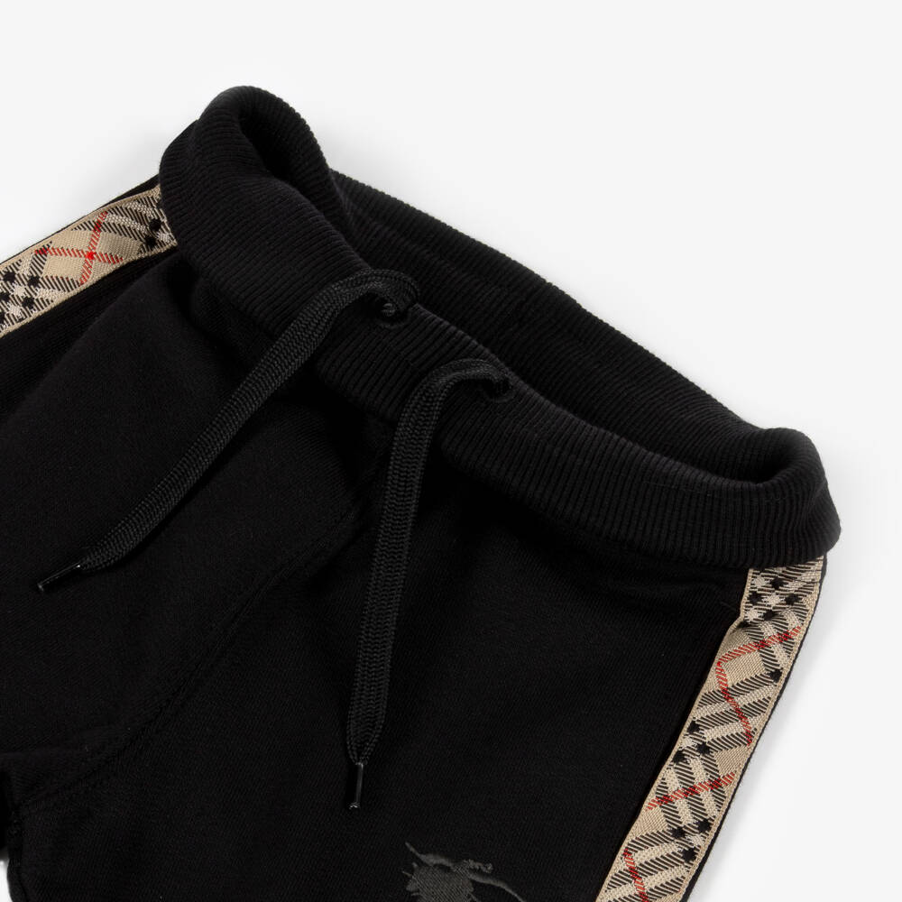 Burberry-Black Cotton Baby Joggers with Beige Check Trim | Childrensalon