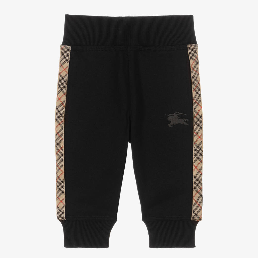Burberry-Black Cotton Baby Joggers with Beige Check Trim | Childrensalon