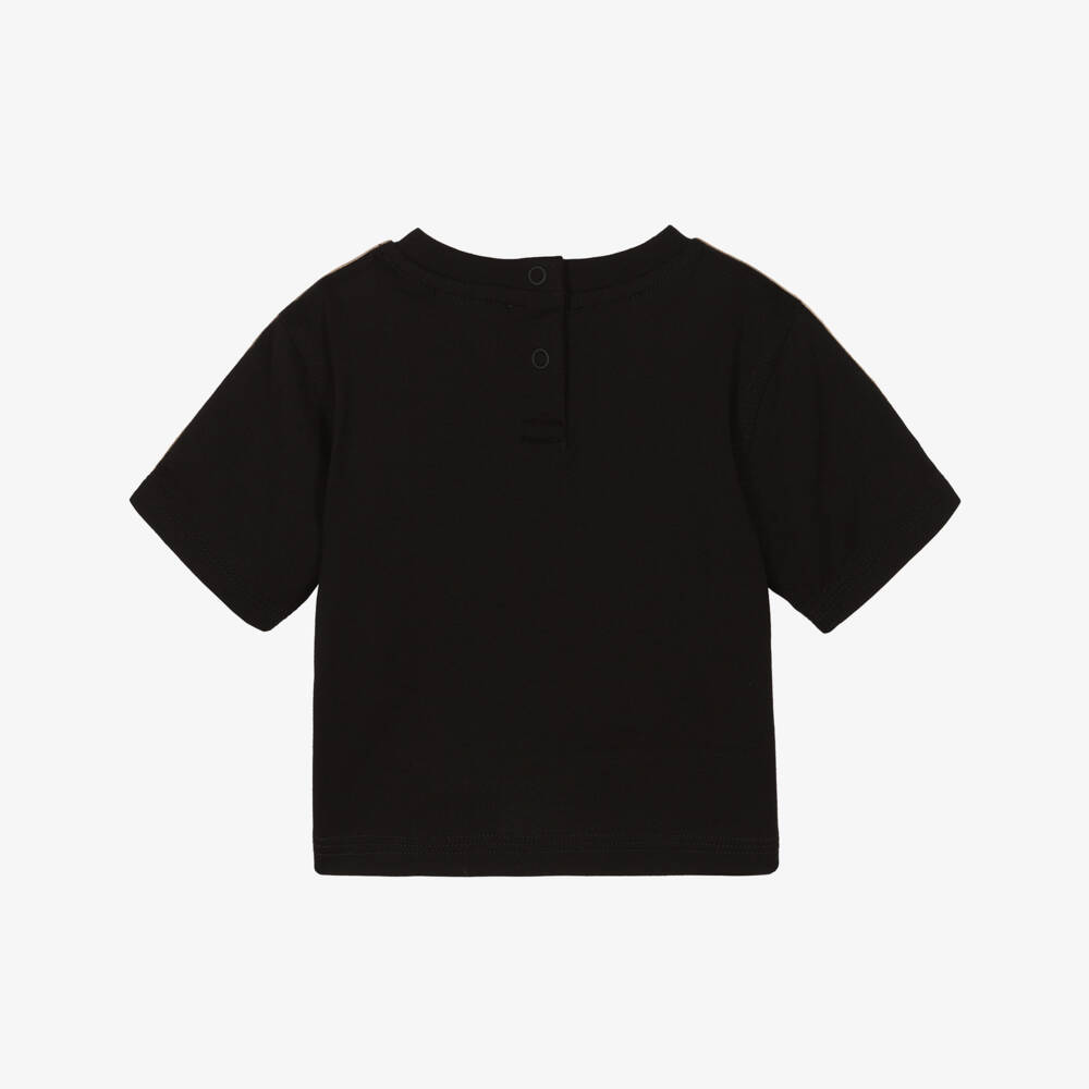 Burberry-Black Cotton Baby T-Shirt with Check Taped Trim | Childrensalon