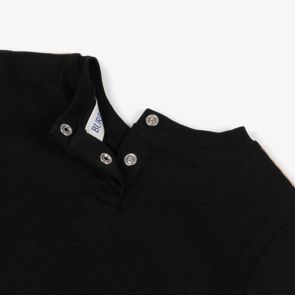 Burberry-Black Cotton Baby T-Shirt with Check Taped Trim | Childrensalon