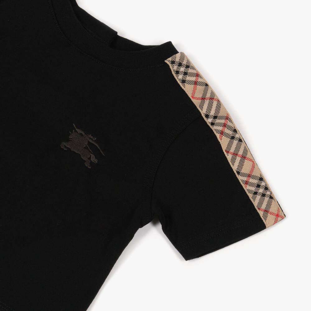 Burberry-Black Cotton Baby T-Shirt with Check Taped Trim | Childrensalon