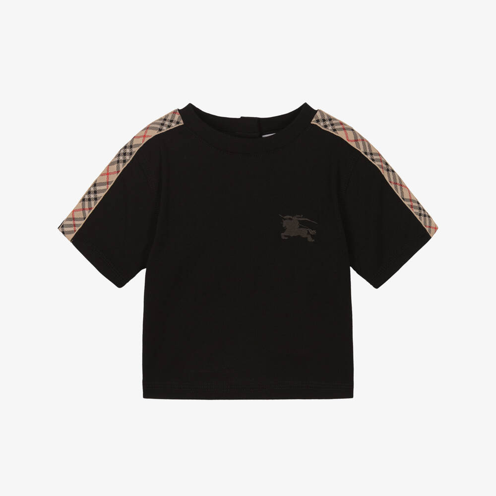 Burberry-Black Cotton Baby T-Shirt with Check Taped Trim | Childrensalon