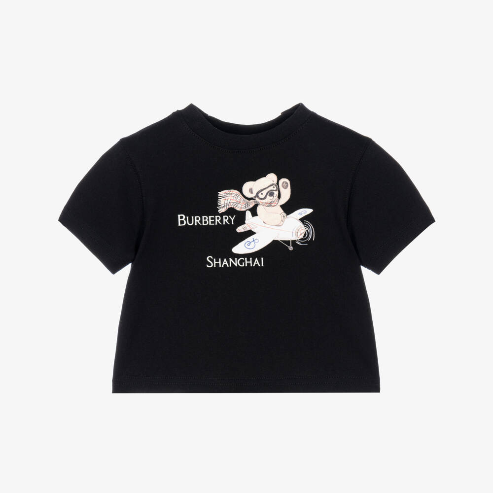 Burberry-Black Cotton Shanghai Bear Baby T-Shirt | Childrensalon