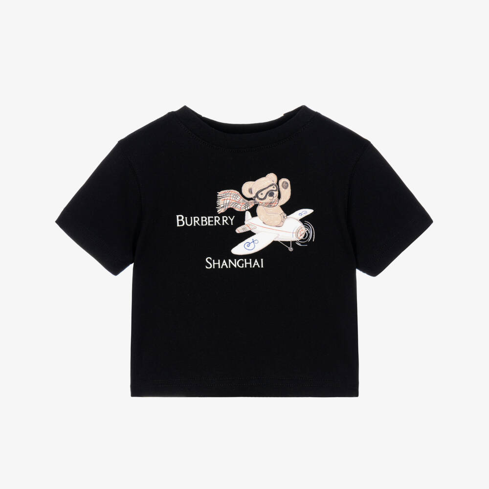 Burberry-Black Cotton Shanghai Bear Baby T-Shirt | Childrensalon
