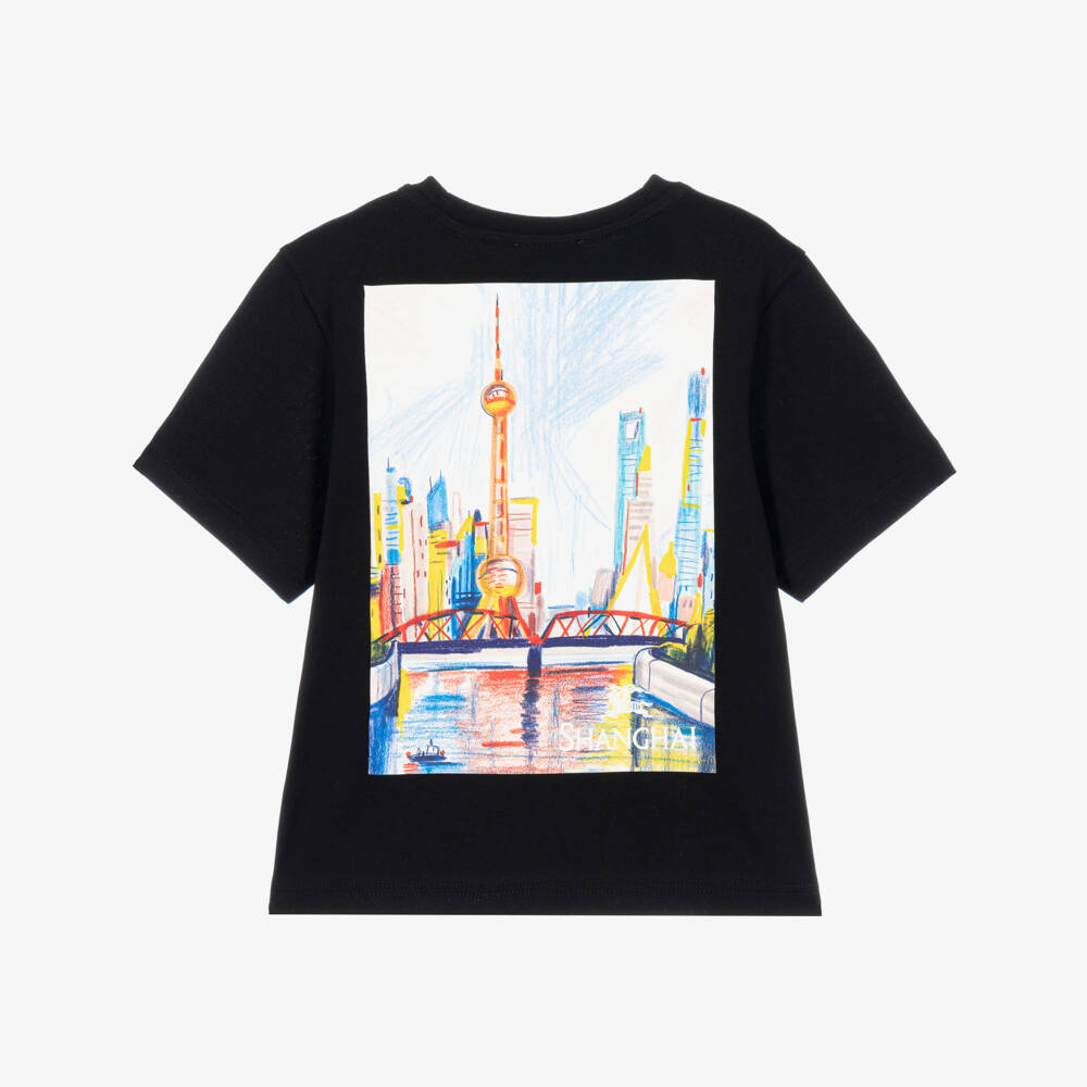 Burberry-Black Cotton Shanghai Bear T-Shirt | Childrensalon