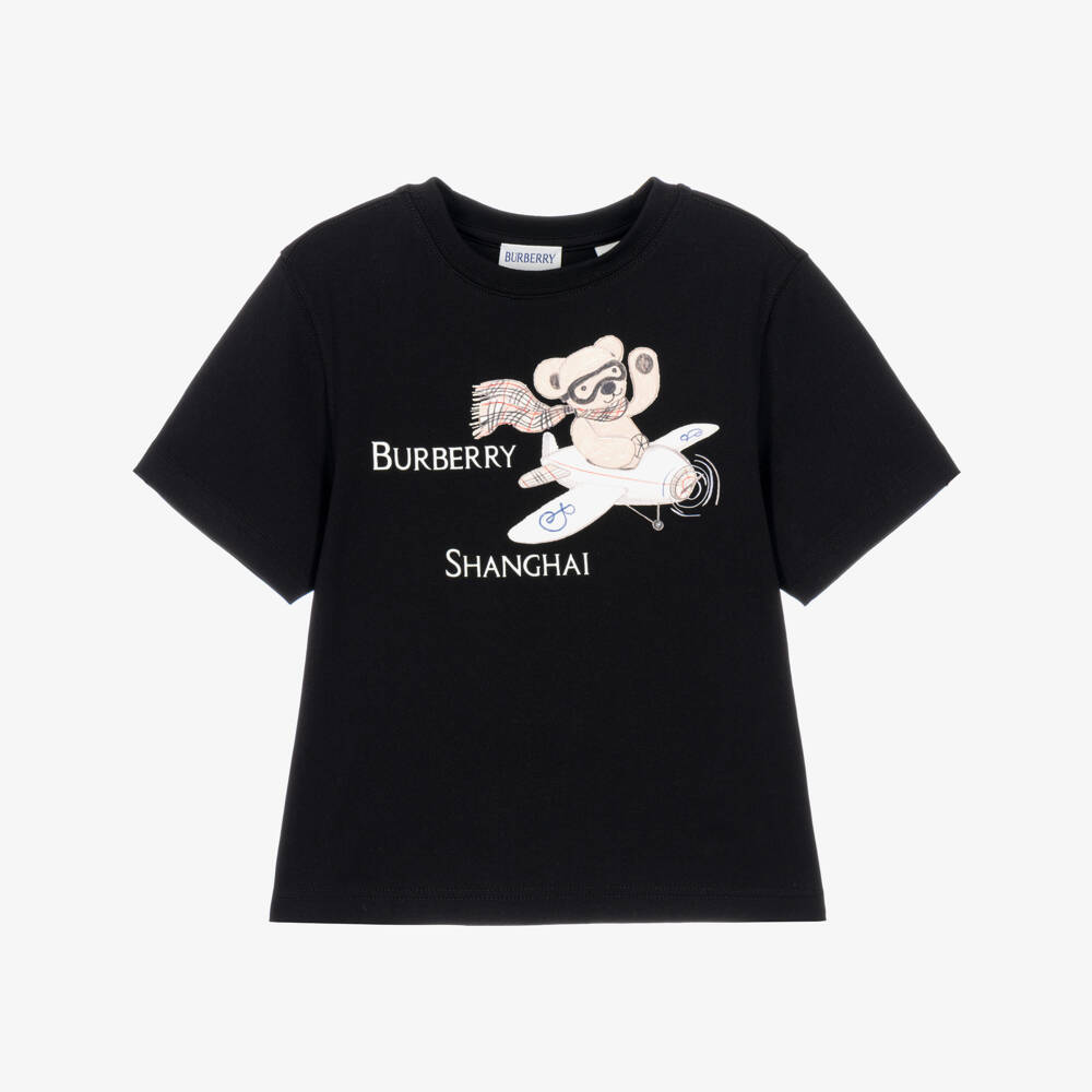 Burberry-Black Cotton Shanghai Bear T-Shirt | Childrensalon