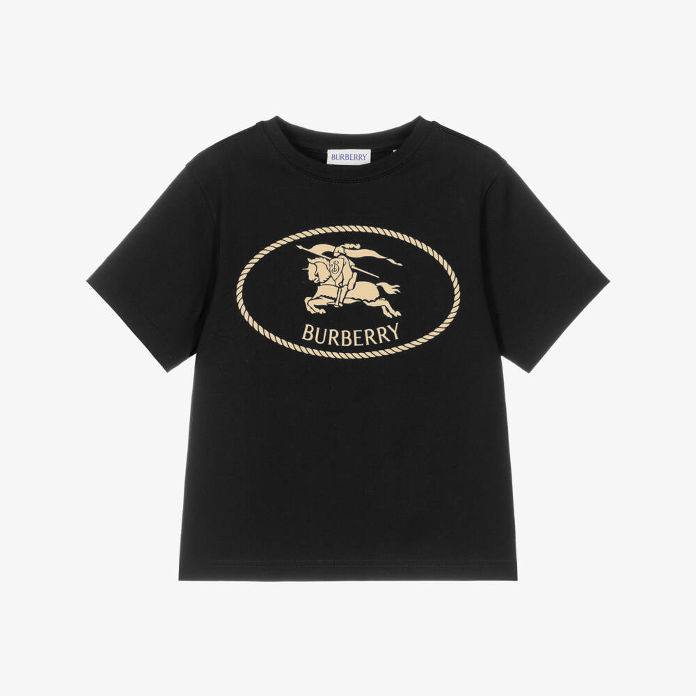 Burberry-Black Cotton T-Shirt with Knight Stamp | Childrensalon