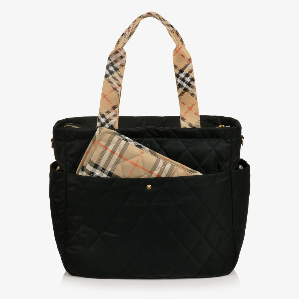 Burberry-Black Quilted Changing Bag with Burberry Check (37cm) | Childrensalon