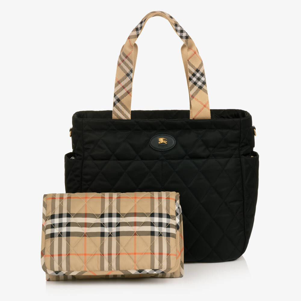 Burberry-Black Quilted Changing Bag with Burberry Check (37cm) | Childrensalon