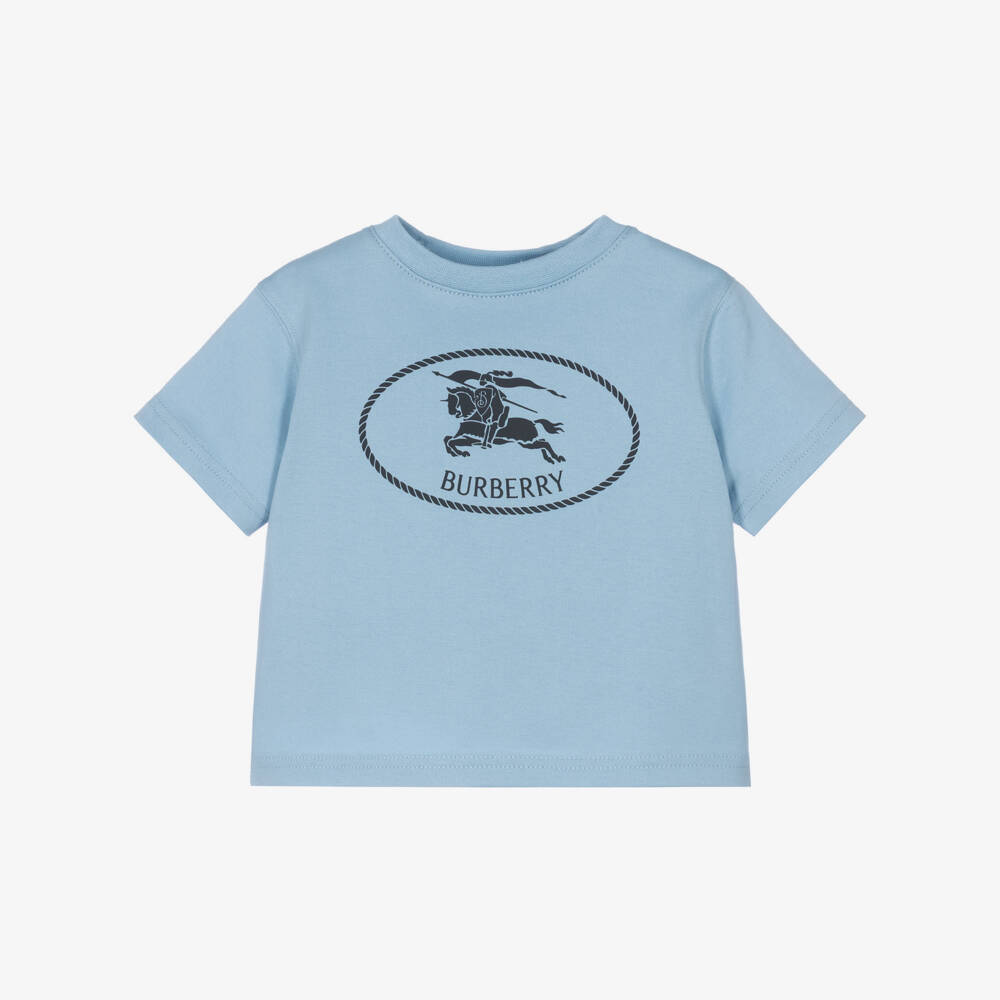 Burberry-Blue Cotton Baby T-Shirt with Knight Stamp | Childrensalon