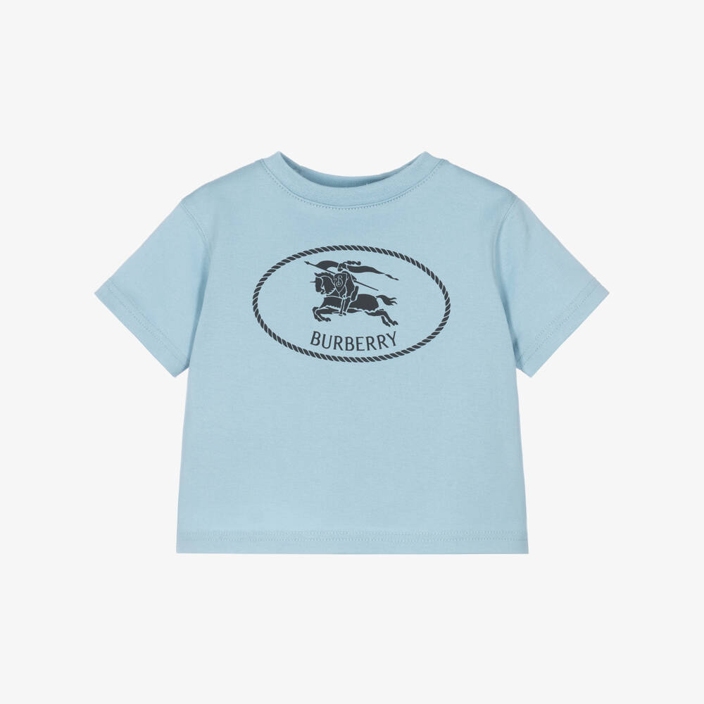 Burberry-Blue Cotton Baby T-Shirt with Knight Stamp | Childrensalon