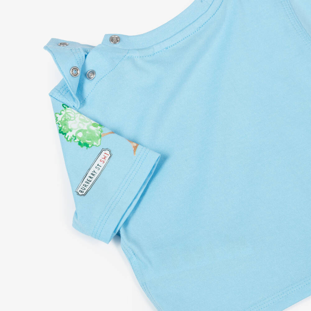 Burberry-Blue Cotton Baby T-Shirt with London Icons | Childrensalon
