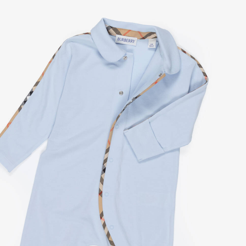 Burberry-Blue Cotton Babysuit Gift Set with Burberry Check Trim | Childrensalon