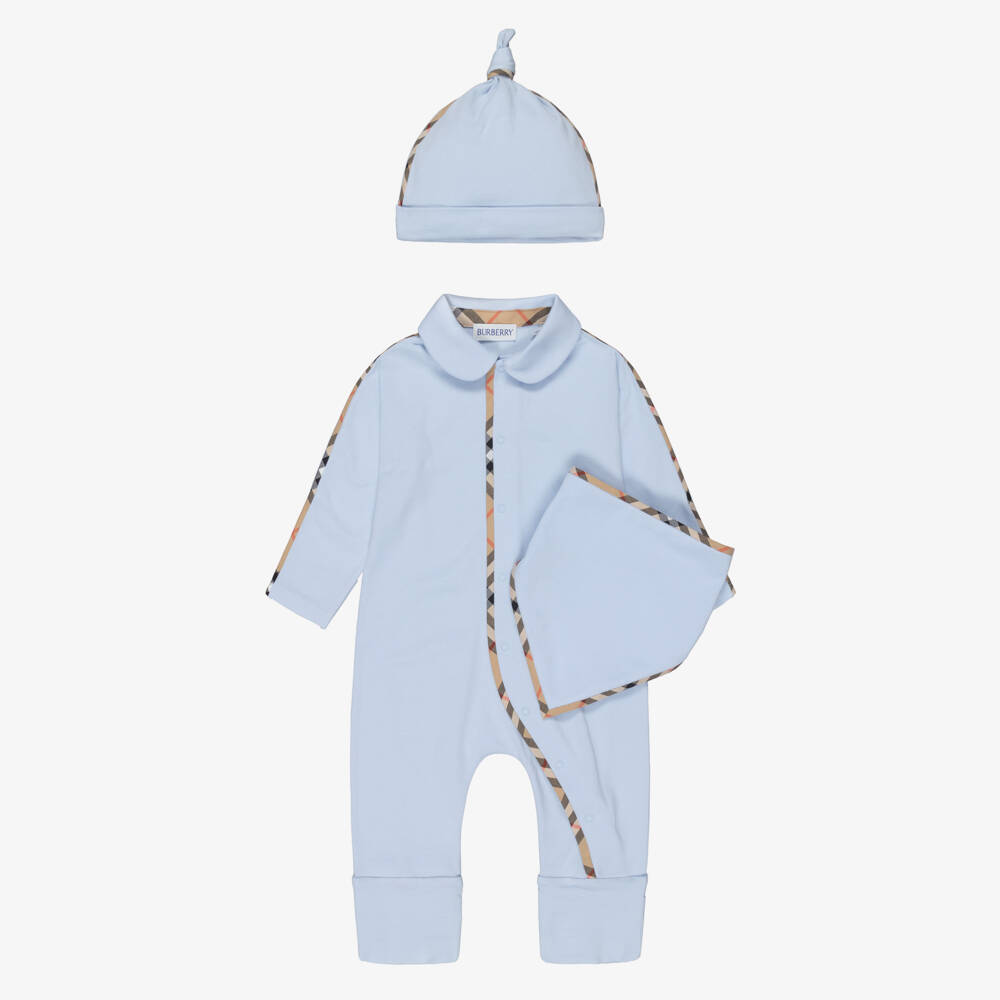 Burberry-Blue Cotton Babysuit Gift Set with Burberry Check Trim | Childrensalon
