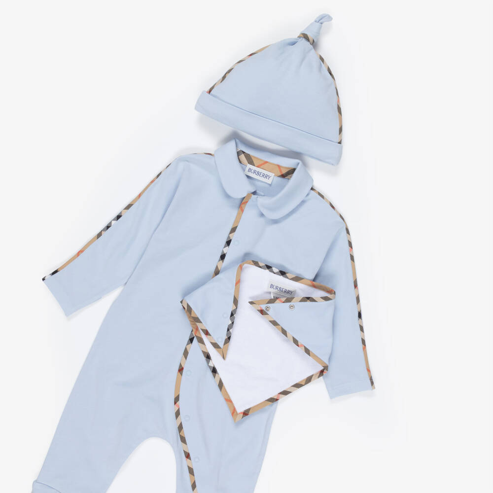Burberry-Blue Cotton Babysuit Gift Set with Burberry Check Trim | Childrensalon