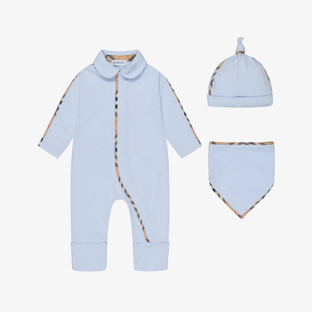 Burberry-Blue Cotton Babysuit Gift Set with Burberry Check Trim | Childrensalon