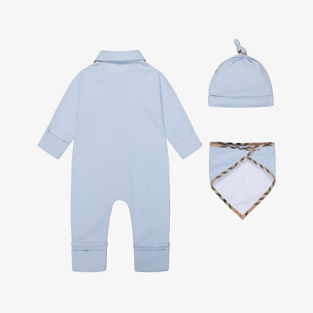 Burberry-Blue Cotton Babysuit Gift Set with Burberry Check Trim | Childrensalon