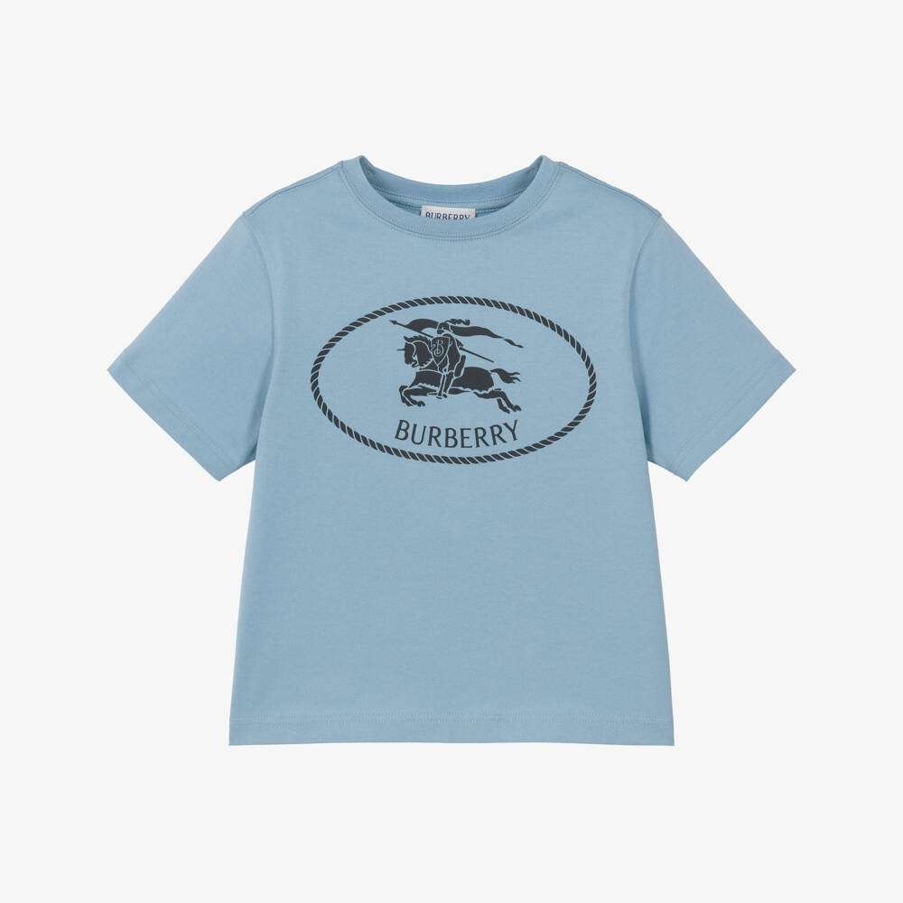 Burberry-Blue Cotton T-Shirt with Knight Stamp | Childrensalon