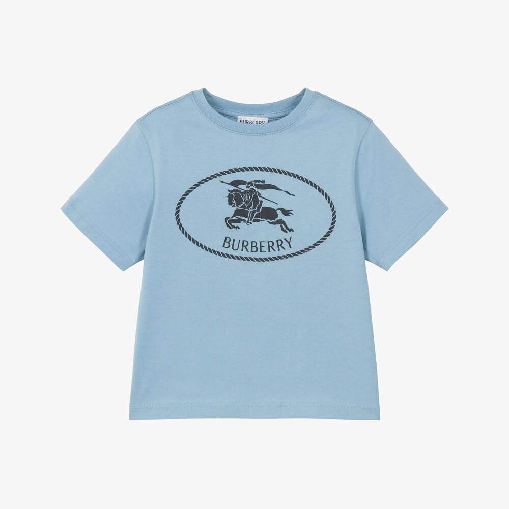 Burberry-Blue Cotton T-Shirt with Knight Stamp | Childrensalon
