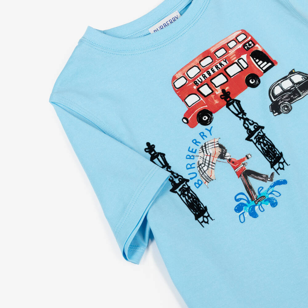 Burberry-Blue Cotton T-Shirt with London Icons | Childrensalon