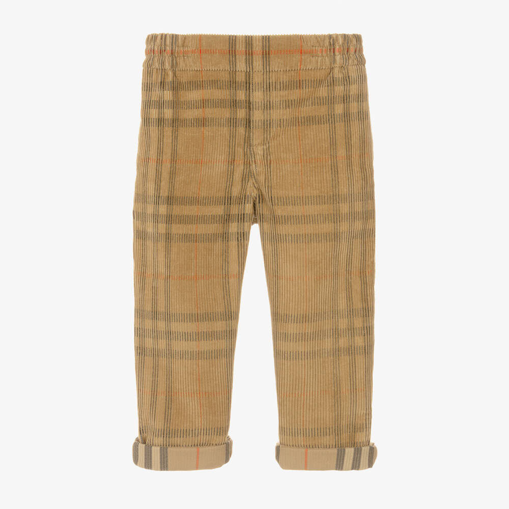 Burberry-Boys Beige Check Cotton Corduroy Trousers | Childrensalon