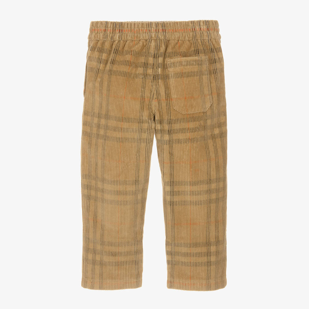 Burberry-Boys Beige Check Cotton Corduroy Trousers | Childrensalon