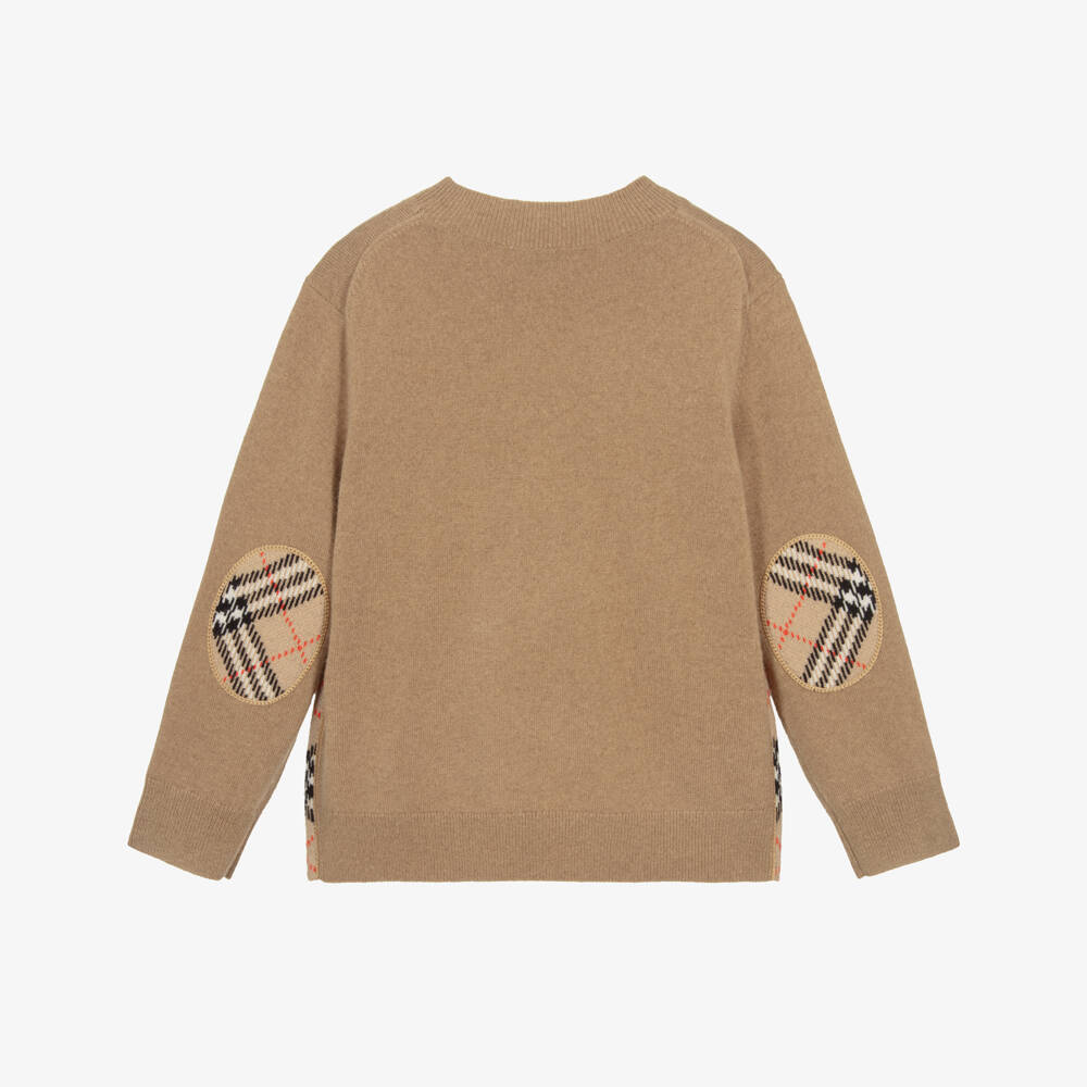 Burberry-Boys Beige Check Elbow Patch Wool Knit Jumper | Childrensalon