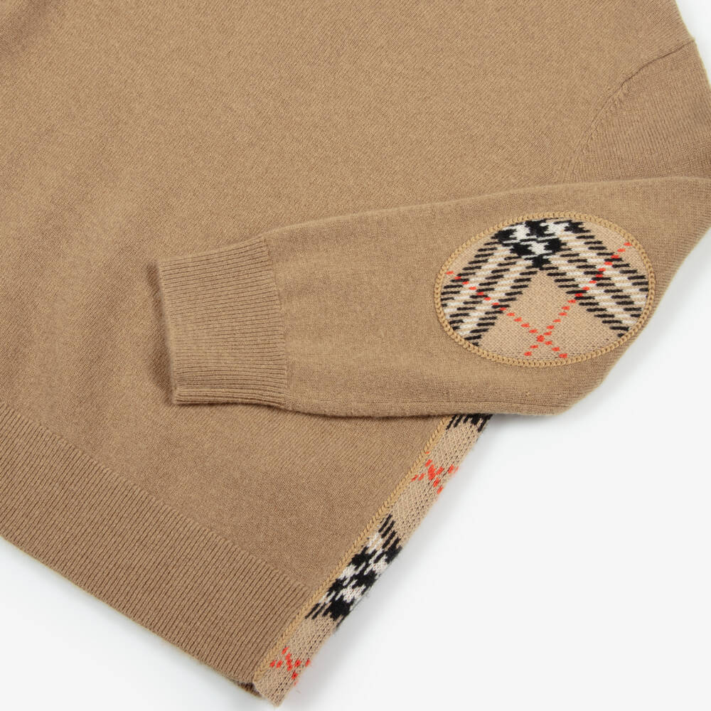 Burberry-Boys Beige Check Elbow Patch Wool Knit Jumper | Childrensalon