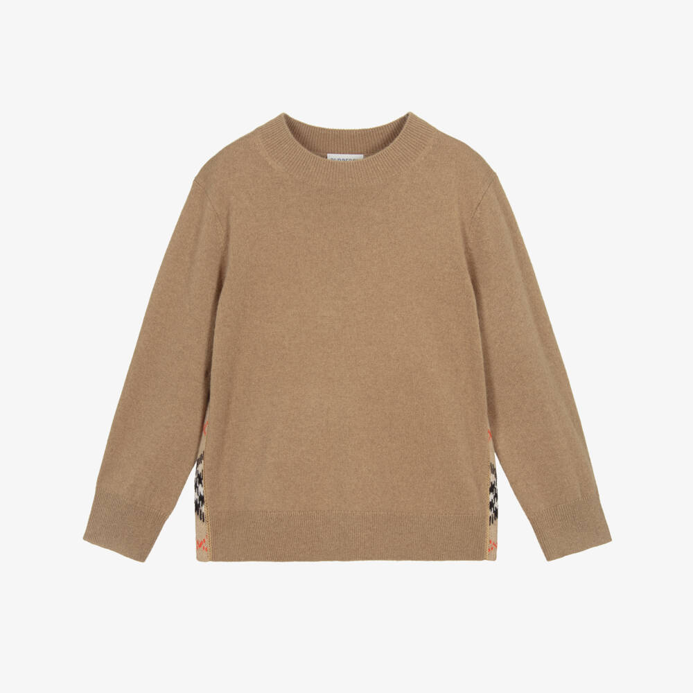 Burberry-Boys Beige Check Elbow Patch Wool Knit Jumper | Childrensalon
