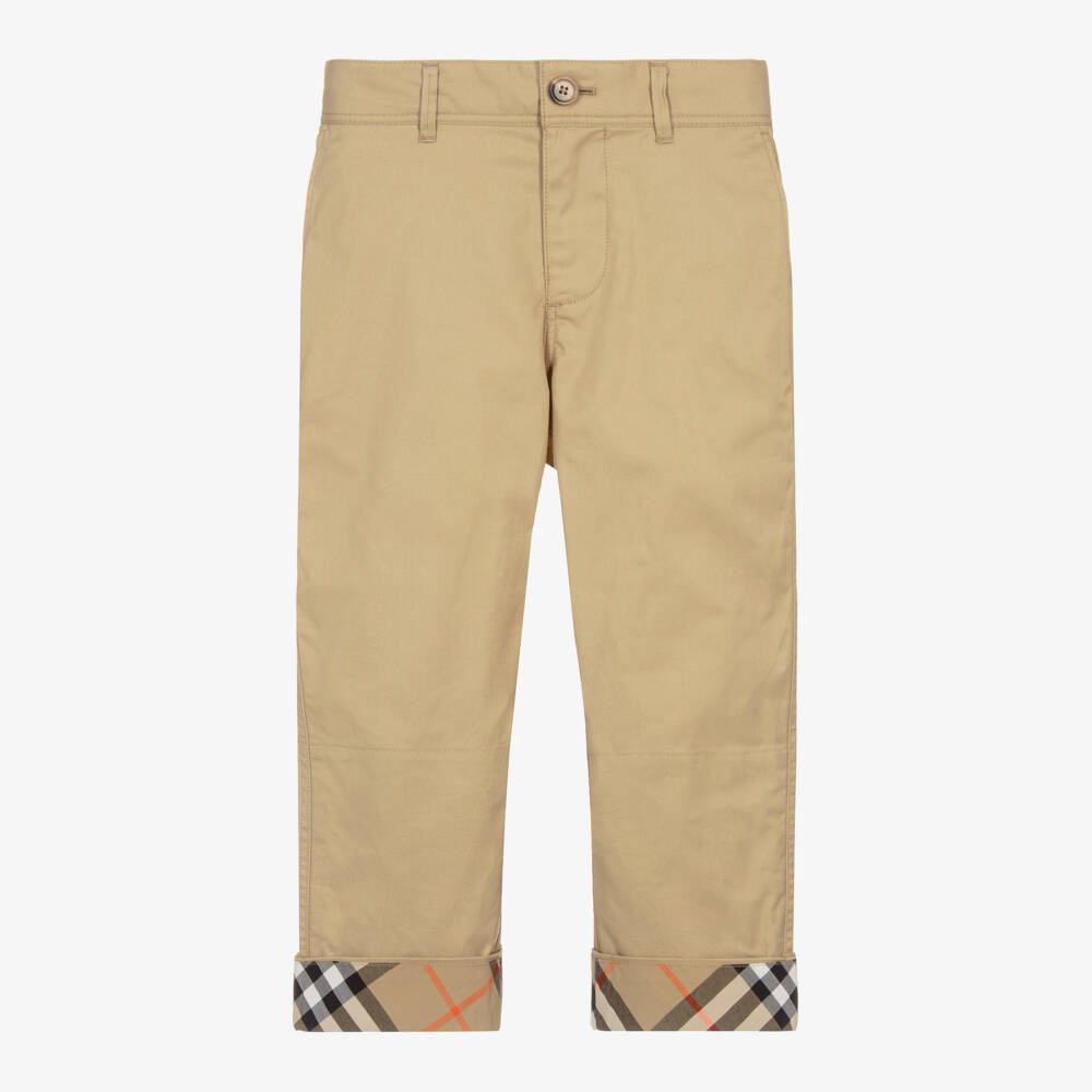 Burberry-Boys Beige Check Turn-Up Cotton Trousers | Childrensalon