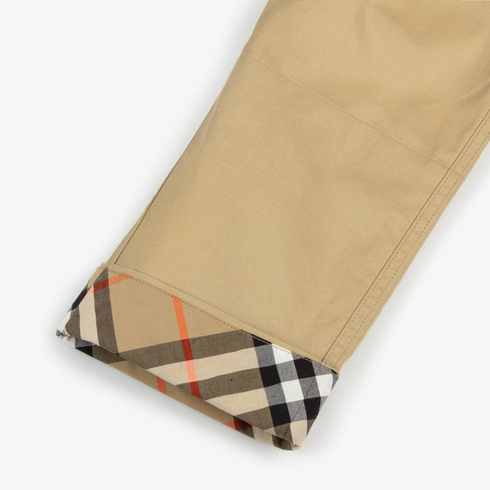 Burberry-Boys Beige Check Turn-Up Cotton Trousers | Childrensalon