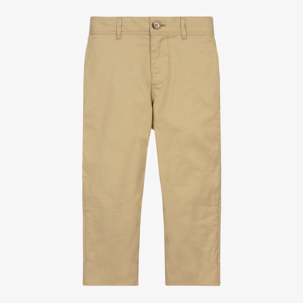 Burberry-Boys Beige Check Turn-Up Cotton Trousers | Childrensalon