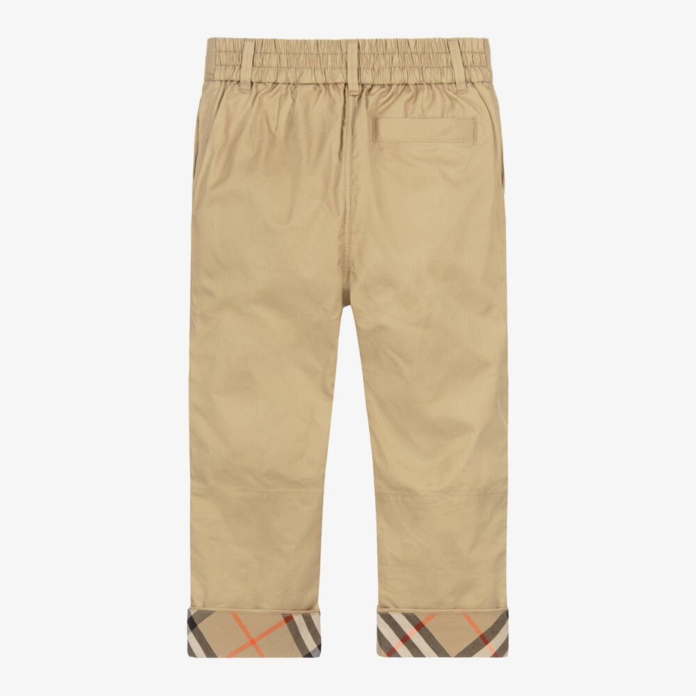 Burberry-Boys Beige Check Turn-Up Cotton Trousers | Childrensalon