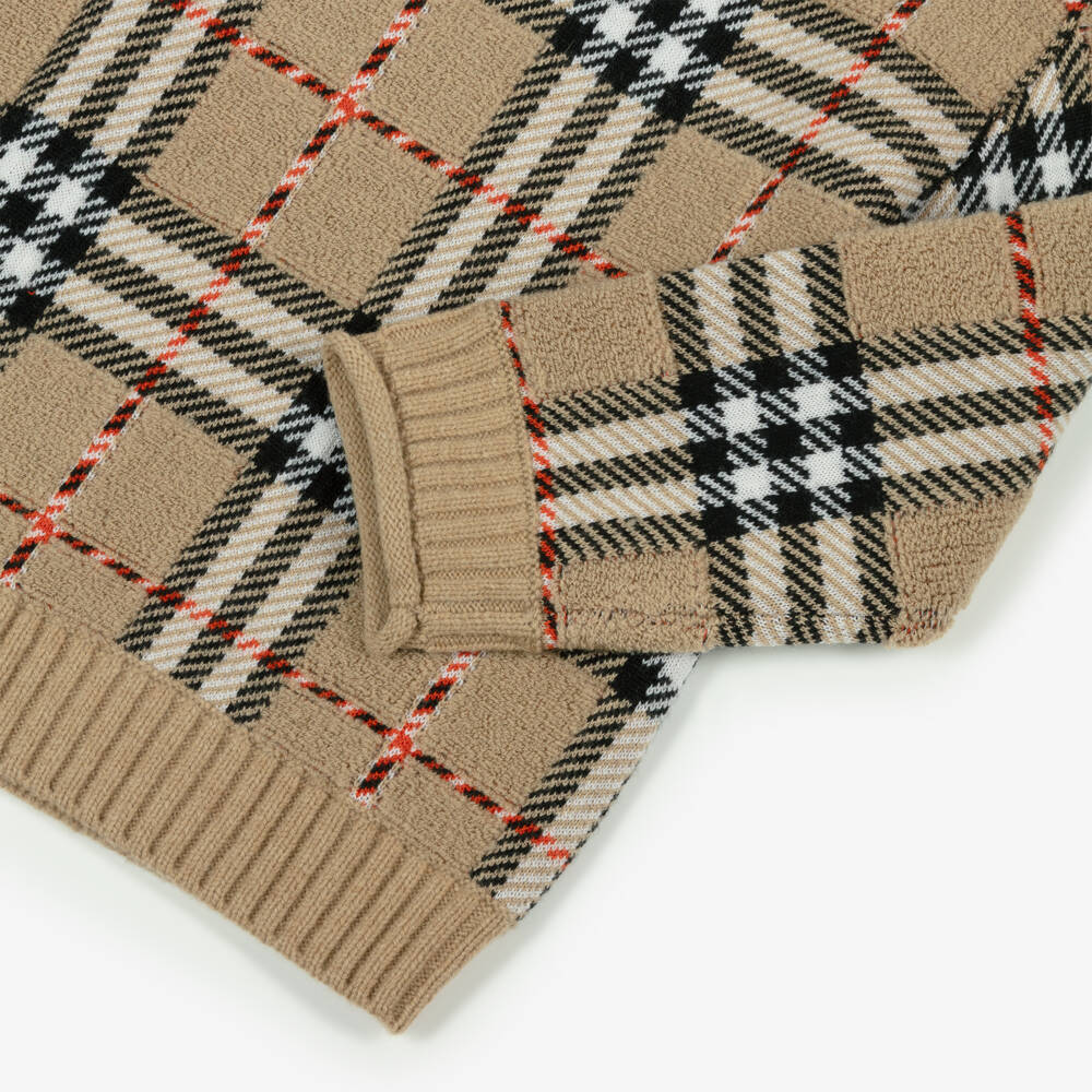 Burberry-Boys Beige Check Wool Sweater with Boat Neck | Childrensalon